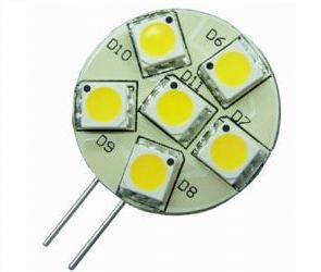 BULB G4 SIDE PIN 6LED 10-30VDC CW - These high quality LED replacement bulbs save power. Same light output as approximately a 5W halogen bulb. Using the latest SMD5050 chips they provide the highest light to consumption ratio available today. LEDs are arranged 6 on one side. Specification: 1.5 Watts, 10 - 30V DC,  Equivalent halogen - 5 Watts, 107 Lumens (Cool White).
